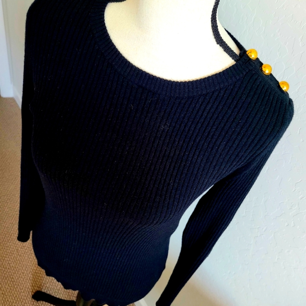Tory Burch Black Ribbed Crewneck Sweater with Gold Buttons